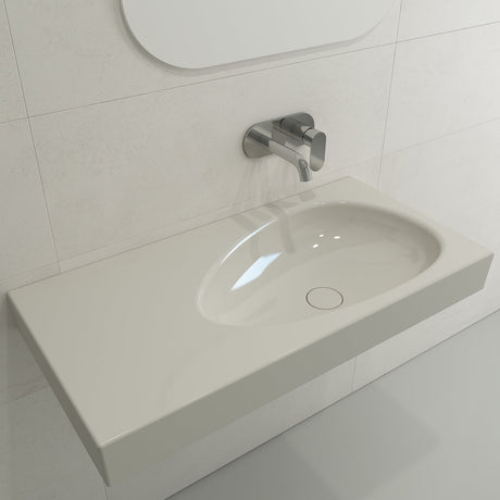 BOCCHI 1115-014-0125 Etna Wall-Mounted Sink Fireclay 35.5 in. with Matching Drain Cover in Biscuit