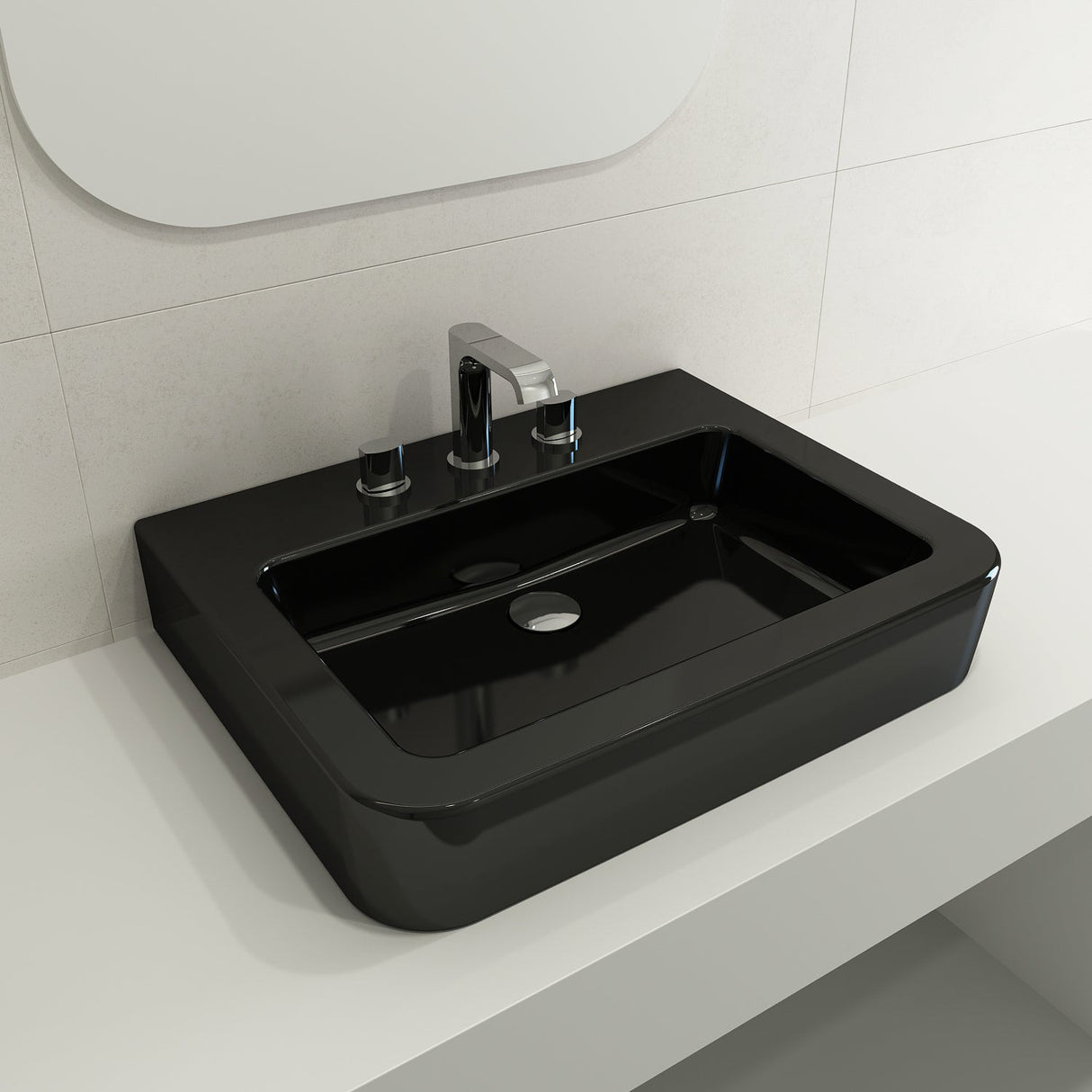 BOCCHI 1123-005-0127 Parma Wall-Mounted Sink Fireclay 25.5 in. 3-Hole with Overflow in Black