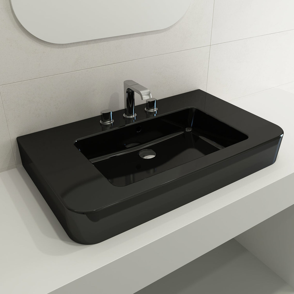 BOCCHI 1124-005-0127 Parma Wall-Mounted Sink Fireclay 33.5 in. 3-Hole with Overflow in Black