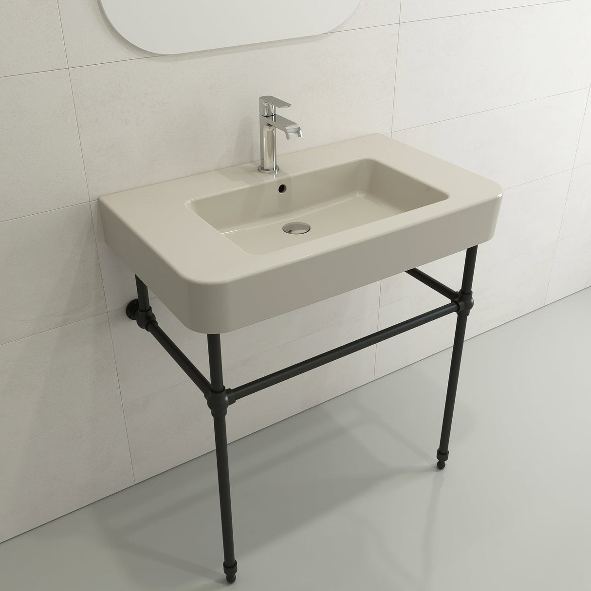 BOCCHI 1124-014-0126 Parma Wall-Mounted Sink Fireclay 33.5 in. 1-Hole with Overflow in Biscuit