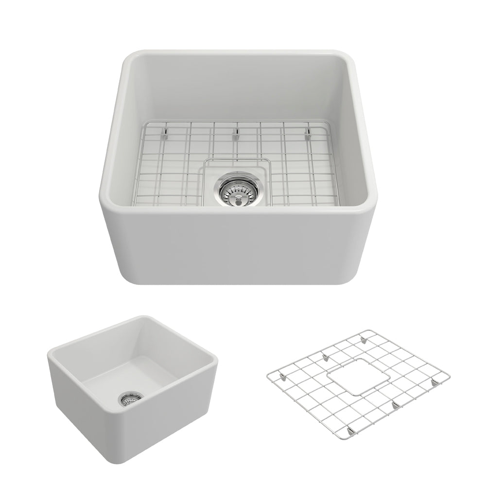 BOCCHI 1136-002-0120 Classico Farmhouse Apron Front Fireclay 20 in. Single Bowl Kitchen Sink with Protective Bottom Grid and Strainer in Matte White