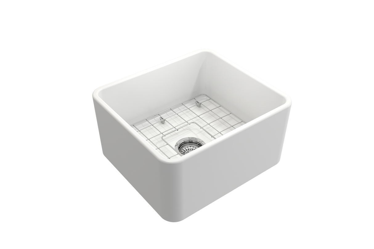 BOCCHI 1136-002-0120 Classico Farmhouse Apron Front Fireclay 20 in. Single Bowl Kitchen Sink with Protective Bottom Grid and Strainer in Matte White