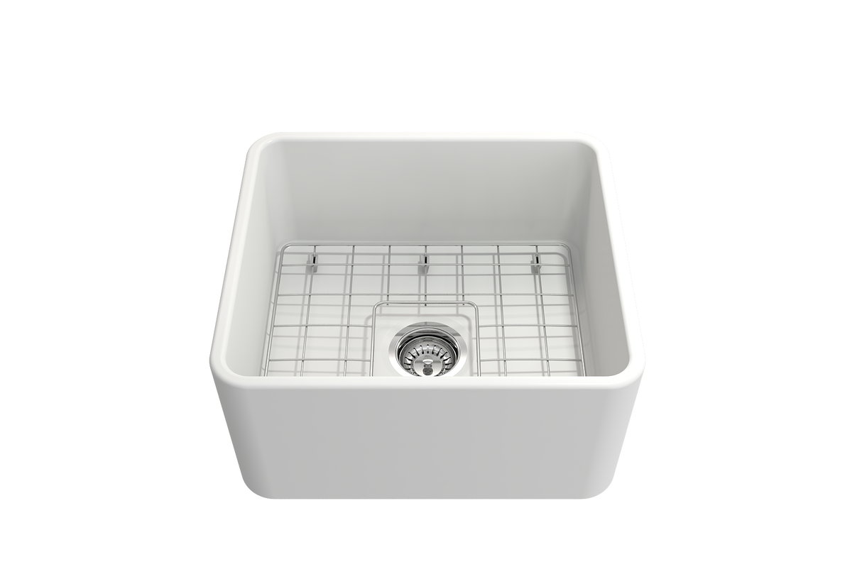 BOCCHI 1136-002-0120 Classico Farmhouse Apron Front Fireclay 20 in. Single Bowl Kitchen Sink with Protective Bottom Grid and Strainer in Matte White