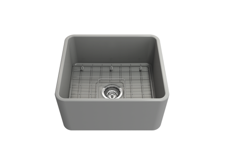 BOCCHI 1136-006-0120 Classico Farmhouse Apron Front Fireclay 20 in. Single Bowl Kitchen Sink with Protective Bottom Grid and Strainer in Matte Gray