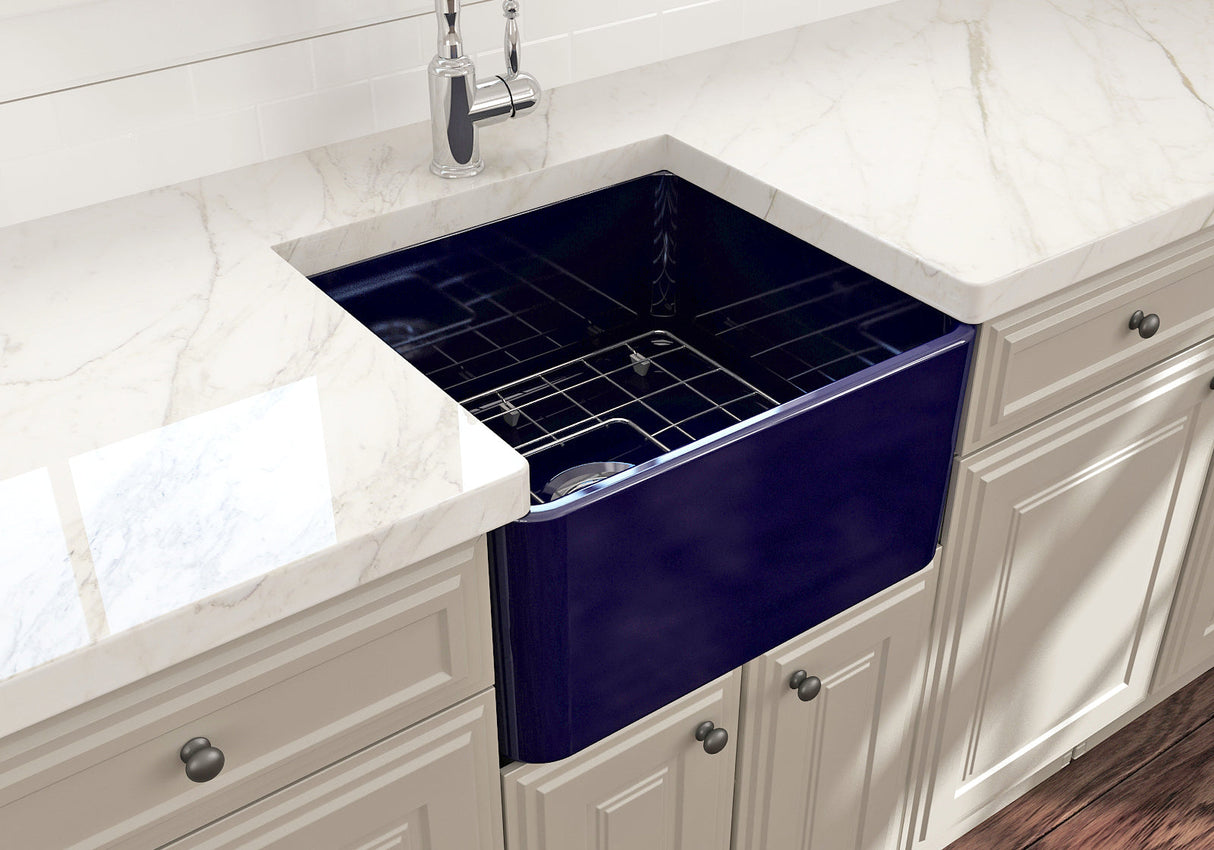 BOCCHI 1136-010-0120 Classico Farmhouse Apron Front Fireclay 20 in. Single Bowl Kitchen Sink with Protective Bottom Grid and Strainer in Sapphire Blue