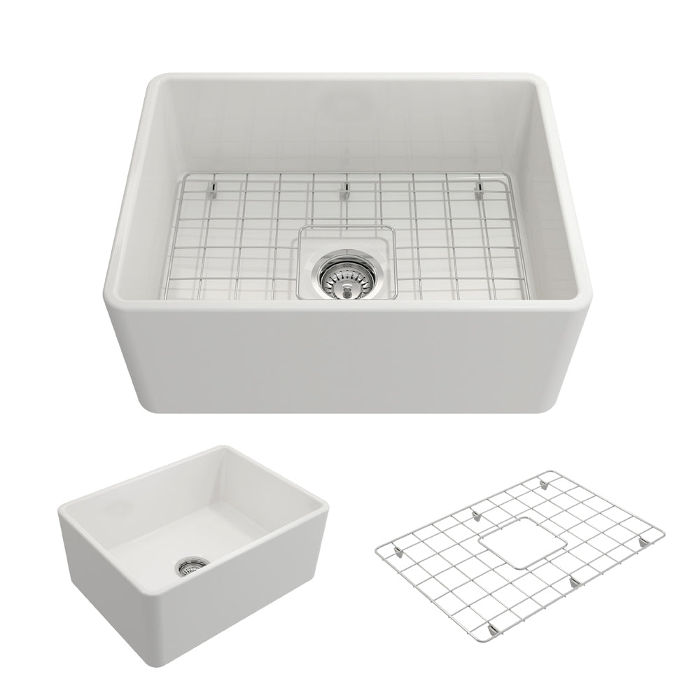 BOCCHI 1137-001-0120 Classico Farmhouse Apron Front Fireclay 24 in. Single Bowl Kitchen Sink with Protective Bottom Grid and Strainer in White