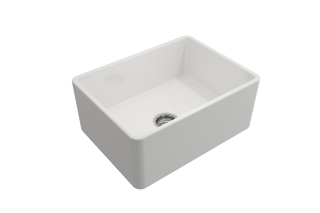 BOCCHI 1137-001-0120 Classico Farmhouse Apron Front Fireclay 24 in. Single Bowl Kitchen Sink with Protective Bottom Grid and Strainer in White