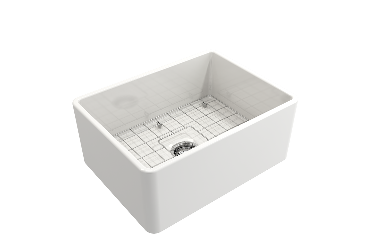 BOCCHI 1137-001-0120 Classico Farmhouse Apron Front Fireclay 24 in. Single Bowl Kitchen Sink with Protective Bottom Grid and Strainer in White