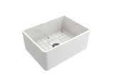 BOCCHI 1137-001-0120 Classico Farmhouse Apron Front Fireclay 24 in. Single Bowl Kitchen Sink with Protective Bottom Grid and Strainer in White