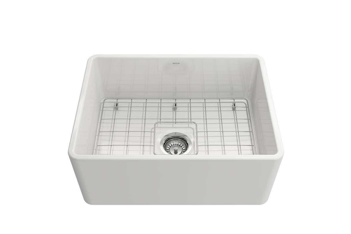 BOCCHI 1137-001-0120 Classico Farmhouse Apron Front Fireclay 24 in. Single Bowl Kitchen Sink with Protective Bottom Grid and Strainer in White