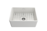 BOCCHI 1137-001-0120 Classico Farmhouse Apron Front Fireclay 24 in. Single Bowl Kitchen Sink with Protective Bottom Grid and Strainer in White