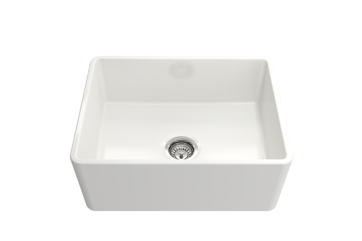 BOCCHI 1137-001-0120 Classico Farmhouse Apron Front Fireclay 24 in. Single Bowl Kitchen Sink with Protective Bottom Grid and Strainer in White