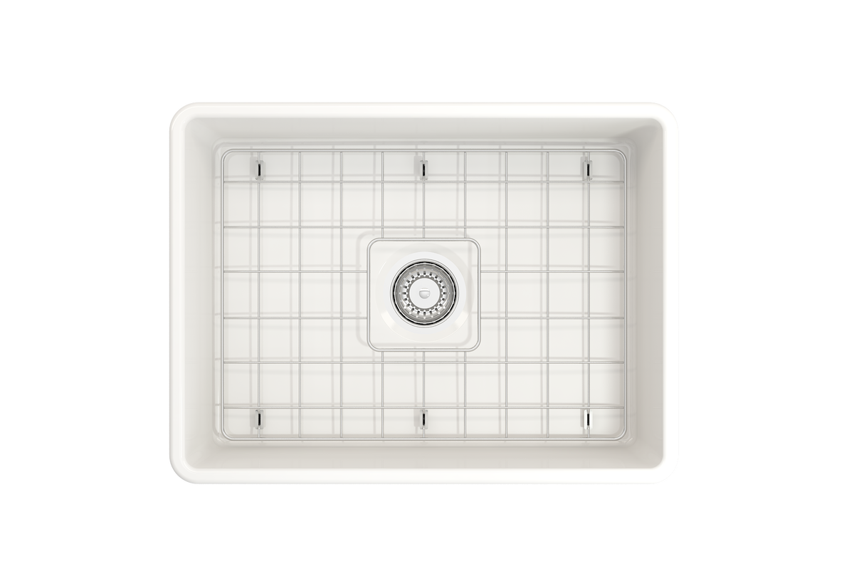 BOCCHI 1137-001-0120 Classico Farmhouse Apron Front Fireclay 24 in. Single Bowl Kitchen Sink with Protective Bottom Grid and Strainer in White