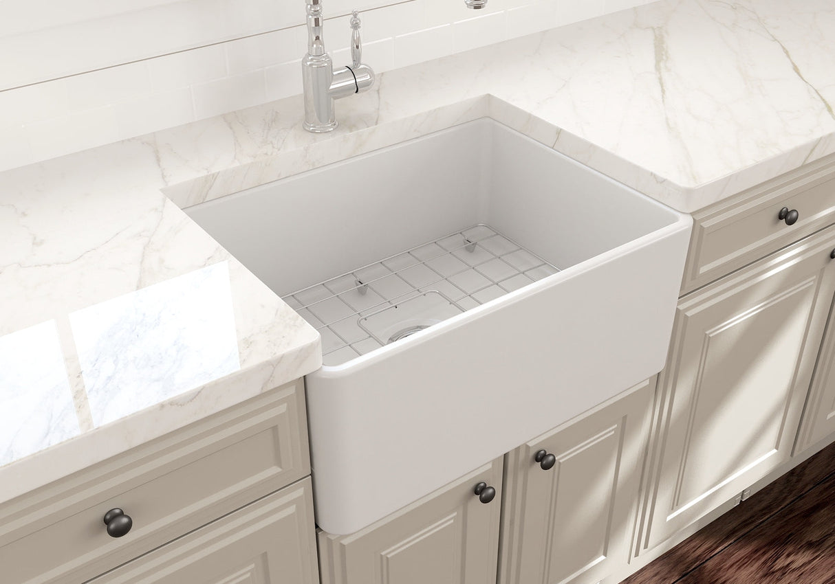 BOCCHI 1137-002-0120 Classico Farmhouse Apron Front Fireclay 24 in. Single Bowl Kitchen Sink with Protective Bottom Grid and Strainer in Matte White