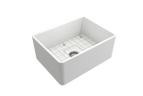 BOCCHI 1137-002-0120 Classico Farmhouse Apron Front Fireclay 24 in. Single Bowl Kitchen Sink with Protective Bottom Grid and Strainer in Matte White