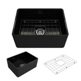 BOCCHI 1137-005-0120 Classico Farmhouse Apron Front Fireclay 24 in. Single Bowl Kitchen Sink with Protective Bottom Grid and Strainer in Black