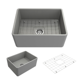 BOCCHI 1137-006-0120 Classico Farmhouse Apron Front Fireclay 24 in. Single Bowl Kitchen Sink with Protective Bottom Grid and Strainer in Matte Gray