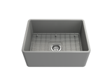 BOCCHI 1137-006-0120 Classico Farmhouse Apron Front Fireclay 24 in. Single Bowl Kitchen Sink with Protective Bottom Grid and Strainer in Matte Gray