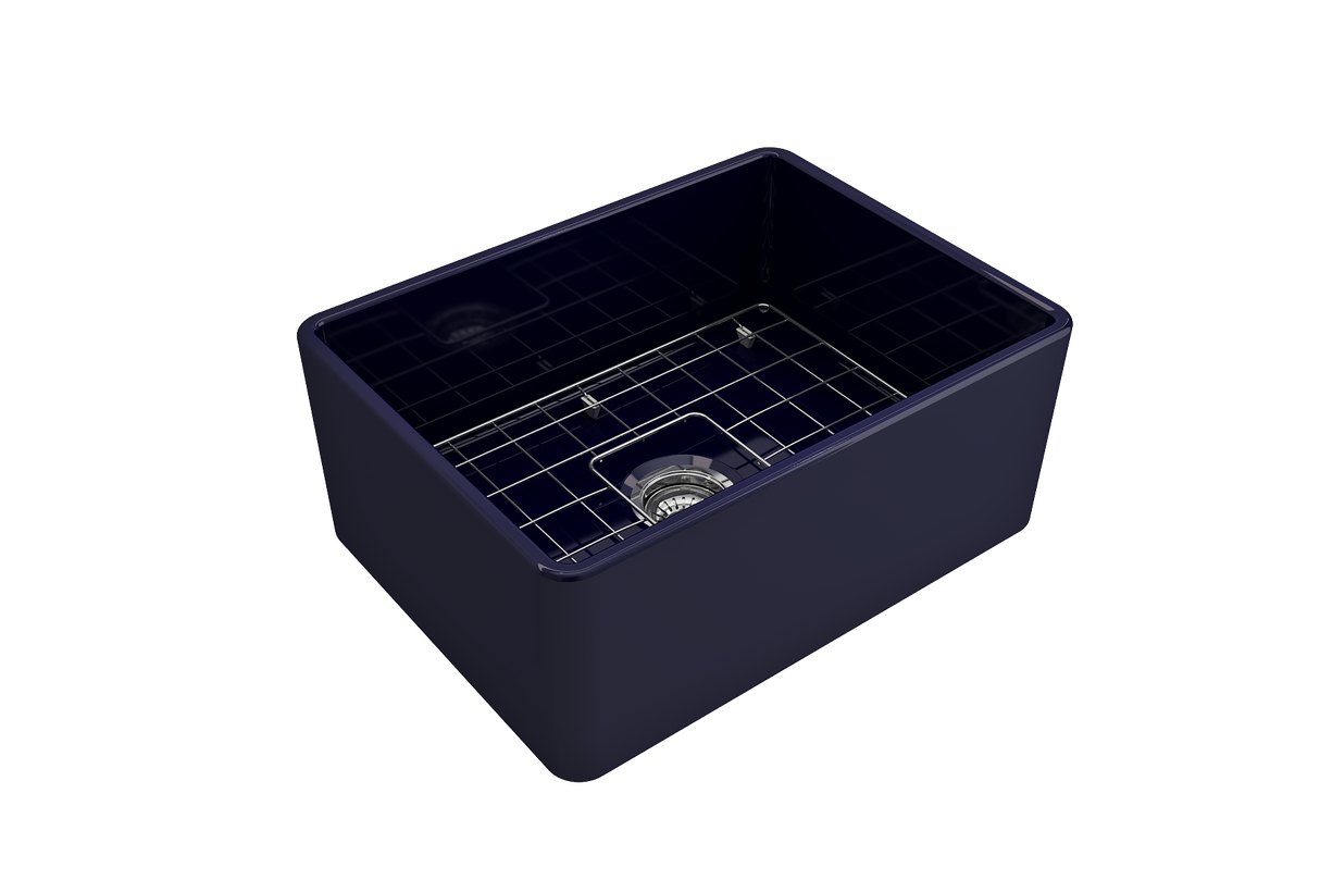 BOCCHI 1137-010-0120 Classico Farmhouse Apron Front Fireclay 24 in. Single Bowl Kitchen Sink with Protective Bottom Grid and Strainer in Sapphire Blue