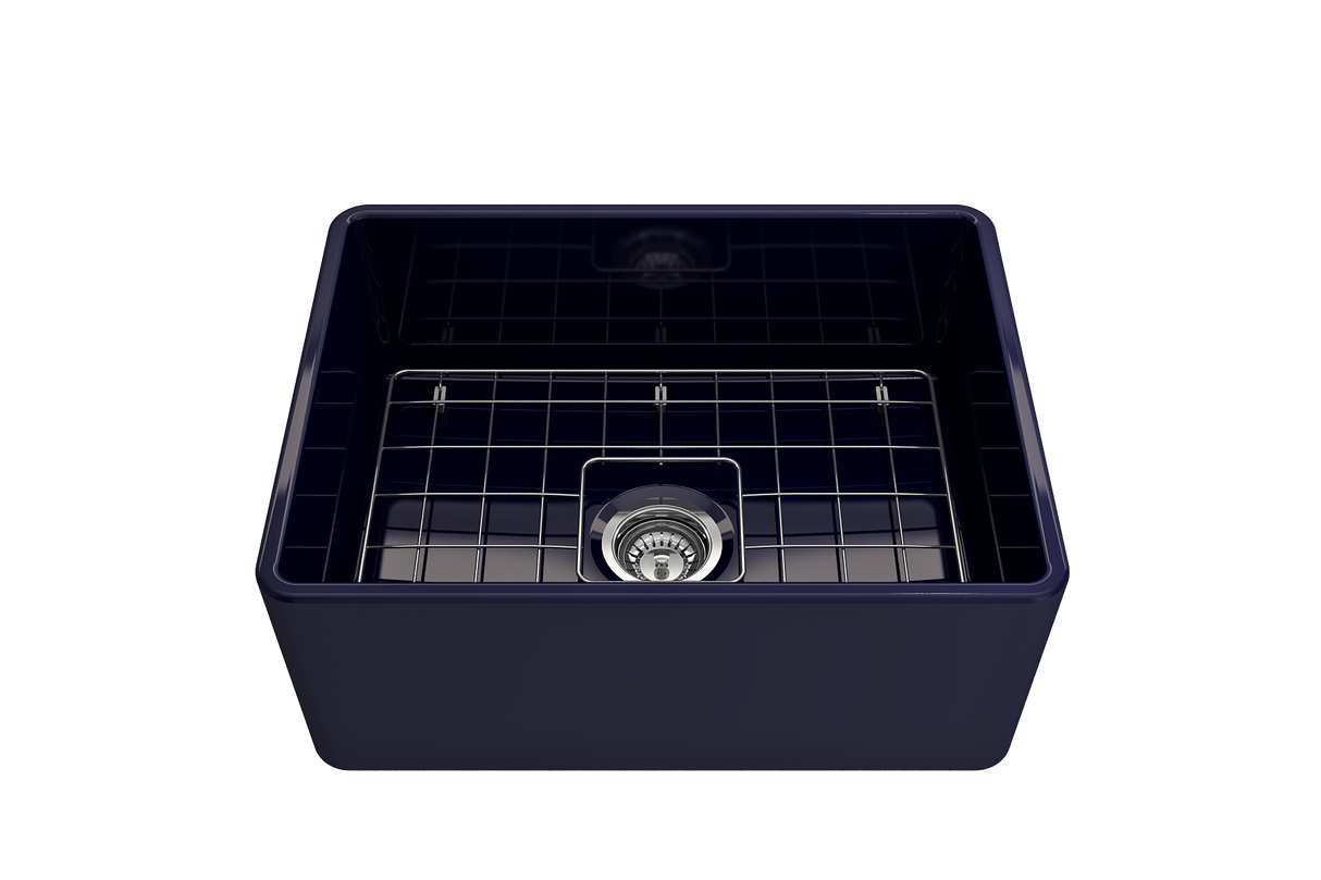 BOCCHI 1137-010-0120 Classico Farmhouse Apron Front Fireclay 24 in. Single Bowl Kitchen Sink with Protective Bottom Grid and Strainer in Sapphire Blue
