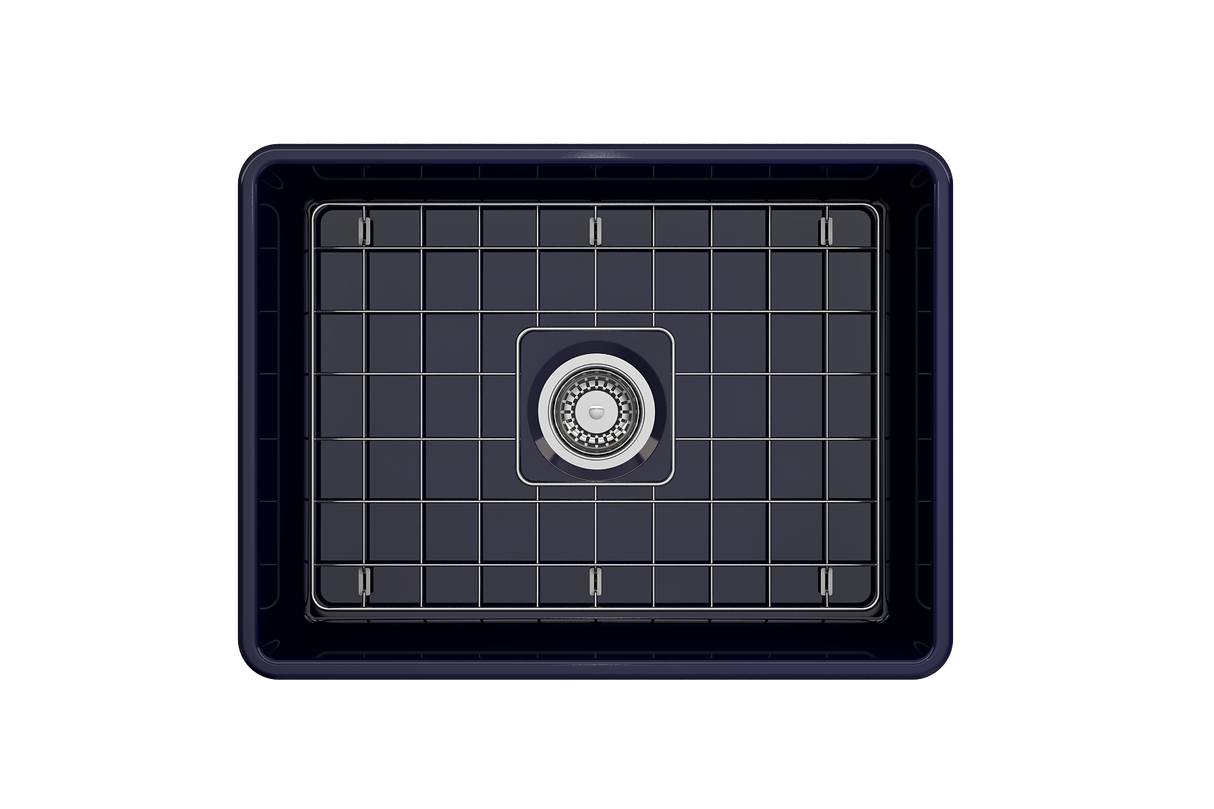 BOCCHI 1137-010-0120 Classico Farmhouse Apron Front Fireclay 24 in. Single Bowl Kitchen Sink with Protective Bottom Grid and Strainer in Sapphire Blue