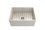 BOCCHI 1137-014-0120 Classico Farmhouse Apron Front Fireclay 24 in. Single Bowl Kitchen Sink with Protective Bottom Grid and Strainer in Biscuit