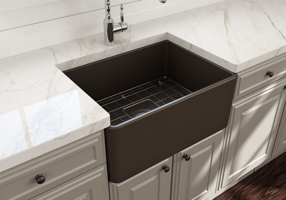 BOCCHI 1137-025-0120 Classico Farmhouse Apron Front Fireclay 24 in. Single Bowl Kitchen Sink with Protective Bottom Grid and Strainer in Matte Brown