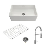 BOCCHI 1138-001-2020CH Kit: 1138 Classico Farmhouse Apron Front Fireclay 30 in. Single Bowl Kitchen Sink with Protective Bottom Grid and Strainer w/ Livenza 2.0 Faucet