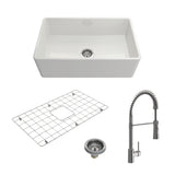 BOCCHI 1138-001-2020SS Kit: 1138 Classico Farmhouse Apron Front Fireclay 30 in. Single Bowl Kitchen Sink with Protective Bottom Grid and Strainer w/ Livenza 2.0 Faucet