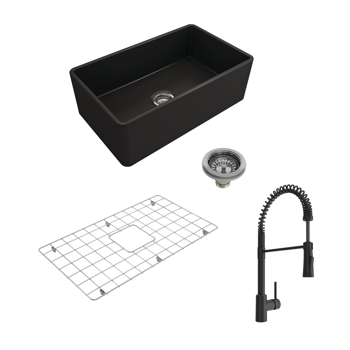 BOCCHI 1138-004-2020MB Kit: 1138 Classico Farmhouse Apron Front Fireclay 30 in. Single Bowl Kitchen Sink with Protective Bottom Grid and Strainer w/ Livenza 2.0 Faucet