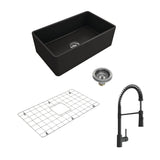 BOCCHI 1138-004-2020MB Kit: 1138 Classico Farmhouse Apron Front Fireclay 30 in. Single Bowl Kitchen Sink with Protective Bottom Grid and Strainer w/ Livenza 2.0 Faucet