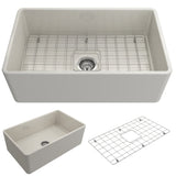 BOCCHI 1138-014-0120 Classico Farmhouse Apron Front Fireclay 30 in. Single Bowl Kitchen Sink with Protective Bottom Grid and Strainer in Biscuit
