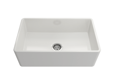BOCCHI 1138-001-0120 Classico Farmhouse Apron Front Fireclay 30 in. Single Bowl Kitchen Sink with Protective Bottom Grid and Strainer in White