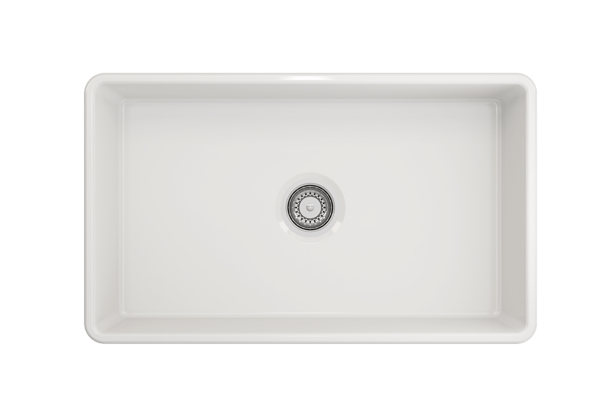 BOCCHI 1138-001-0120 Classico Farmhouse Apron Front Fireclay 30 in. Single Bowl Kitchen Sink with Protective Bottom Grid and Strainer in White