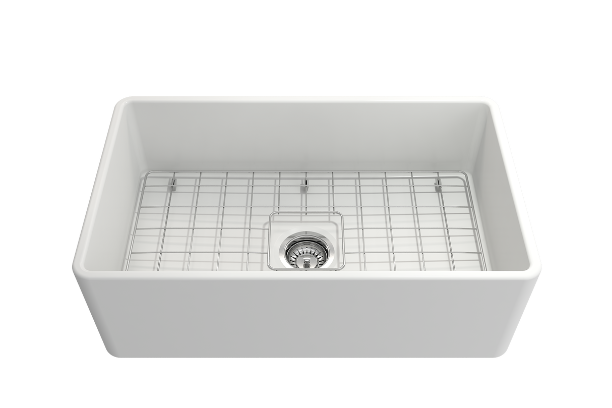 BOCCHI 1138-002-0120 Classico Farmhouse Apron Front Fireclay 30 in. Single Bowl Kitchen Sink with Protective Bottom Grid and Strainer in Matte White