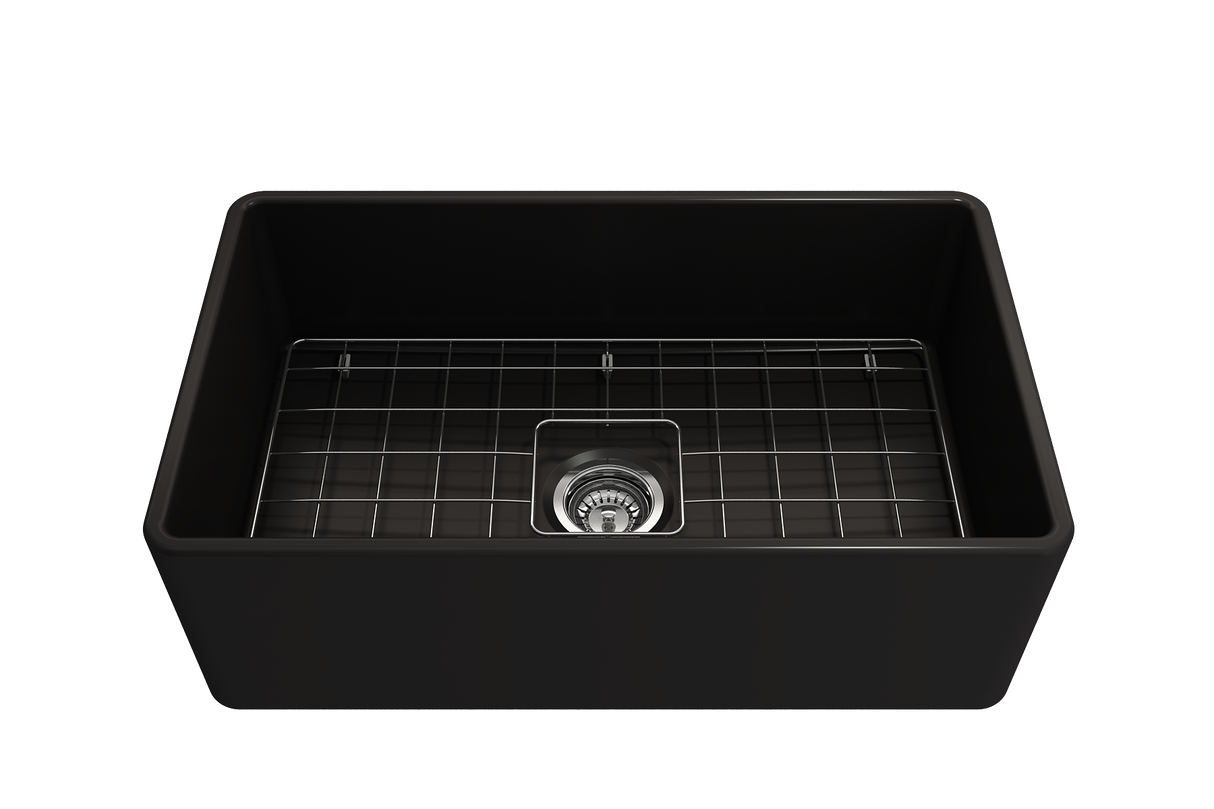 BOCCHI 1138-004-0120 Classico Farmhouse Apron Front Fireclay 30 in. Single Bowl Kitchen Sink with Protective Bottom Grid and Strainer in Matte Black