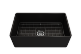 BOCCHI 1138-004-0120 Classico Farmhouse Apron Front Fireclay 30 in. Single Bowl Kitchen Sink with Protective Bottom Grid and Strainer in Matte Black