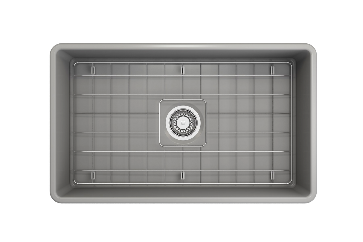 BOCCHI 1138-006-0120 Classico Farmhouse Apron Front Fireclay 30 in. Single Bowl Kitchen Sink with Protective Bottom Grid and Strainer in Matte Gray