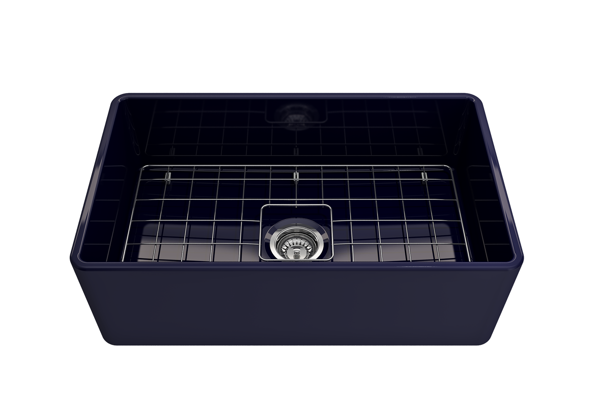 BOCCHI 1138-010-0120 Classico Farmhouse Apron Front Fireclay 30 in. Single Bowl Kitchen Sink with Protective Bottom Grid and Strainer in Sapphire Blue