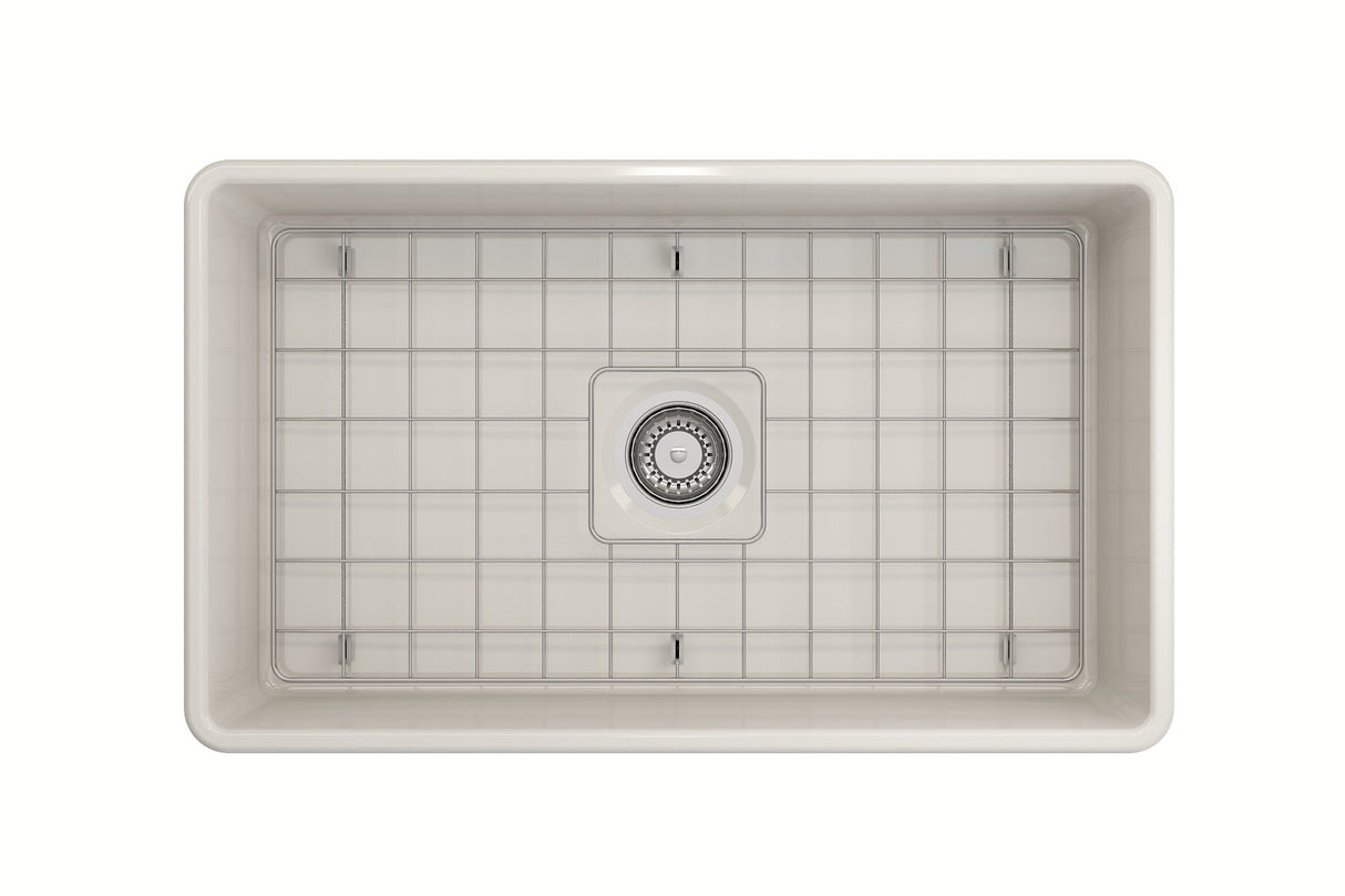 BOCCHI 1138-014-0120 Classico Farmhouse Apron Front Fireclay 30 in. Single Bowl Kitchen Sink with Protective Bottom Grid and Strainer in Biscuit