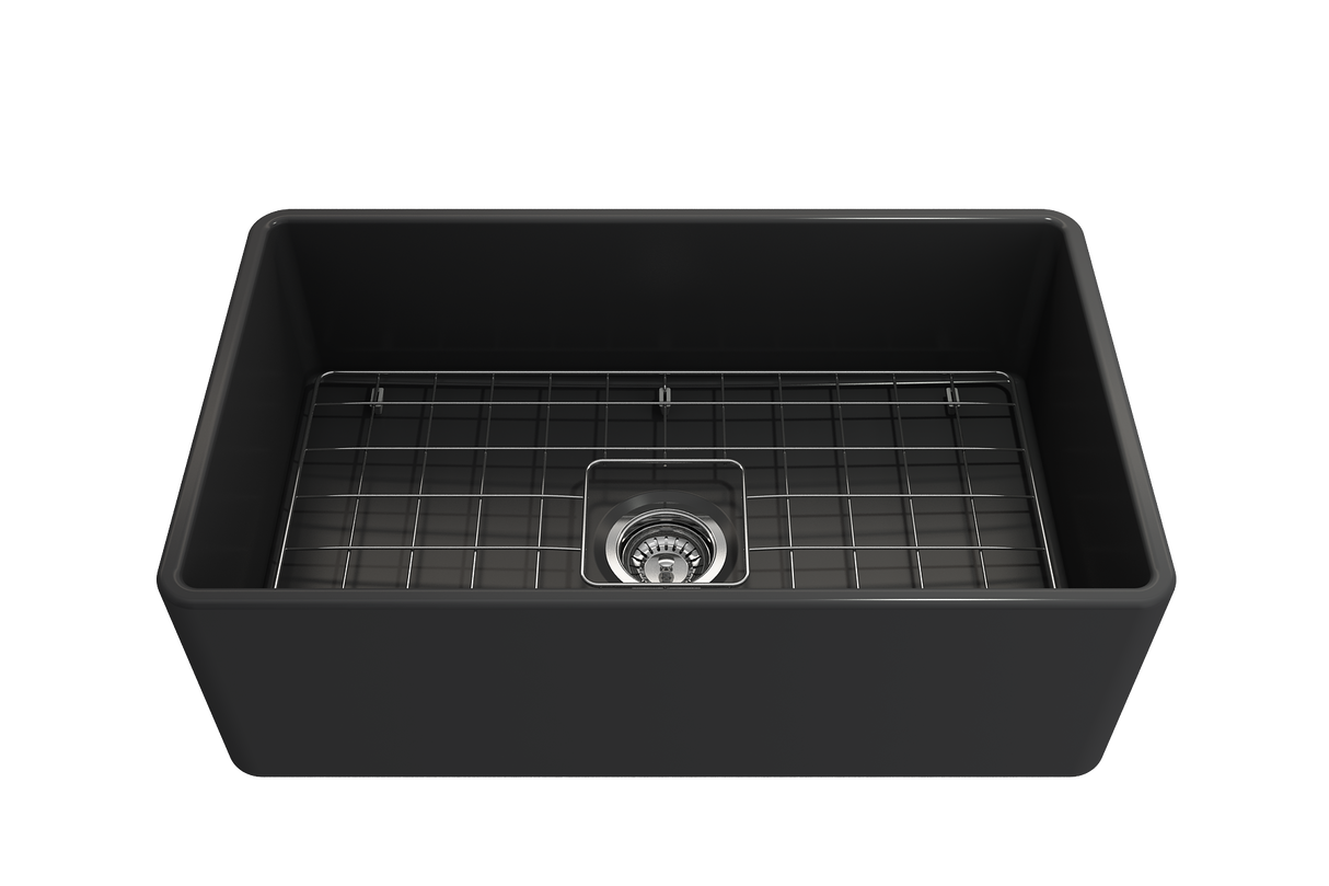 BOCCHI 1138-020-0120 Classico Farmhouse Apron Front Fireclay 30 in. Single Bowl Kitchen Sink with Protective Bottom Grid and Strainer in Matte Dark Gray