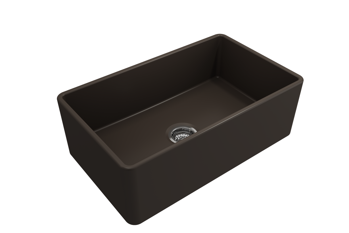 BOCCHI 1138-025-0120 Classico Farmhouse Apron Front Fireclay 30 in. Single Bowl Kitchen Sink with Protective Bottom Grid and Strainer in Matte Brown
