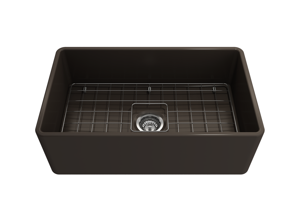 BOCCHI 1138-025-0120 Classico Farmhouse Apron Front Fireclay 30 in. Single Bowl Kitchen Sink with Protective Bottom Grid and Strainer in Matte Brown