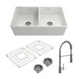 BOCCHI 1139-001-2020SS Kit: 1139 Classico Farmhouse Apron Front Fireclay 33 in. Double Bowl Kitchen Sink with Protective Bottom Grids and Strainers w/ Livenza 2.0 Faucet