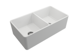 BOCCHI 1139-002-0120 Classico Farmhouse Apron Front Fireclay 33 in. Double Bowl Kitchen Sink with Protective Bottom Grids and Strainers in Matte White