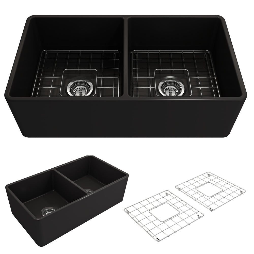 BOCCHI 1139-004-0120 Classico Farmhouse Apron Front Fireclay 33 in. Double Bowl Kitchen Sink with Protective Bottom Grids and Strainers in Matte Black