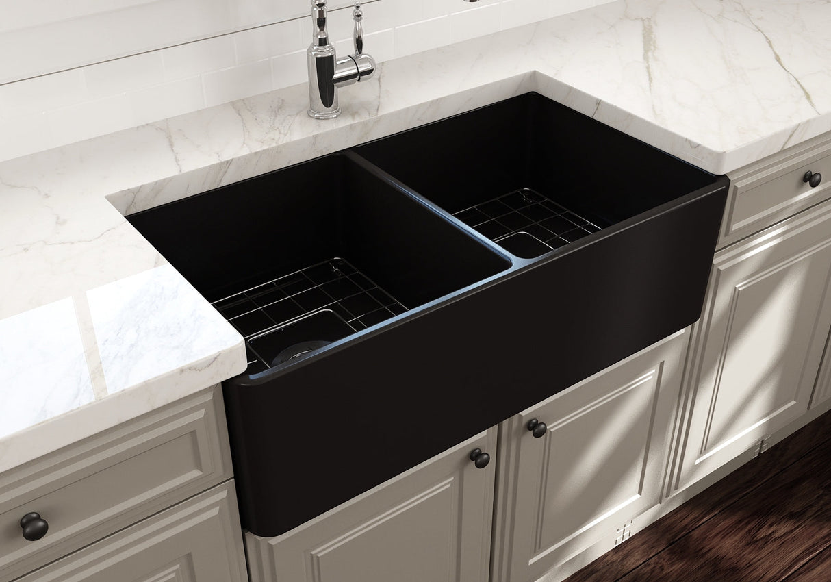 BOCCHI 1139-004-0120 Classico Farmhouse Apron Front Fireclay 33 in. Double Bowl Kitchen Sink with Protective Bottom Grids and Strainers in Matte Black