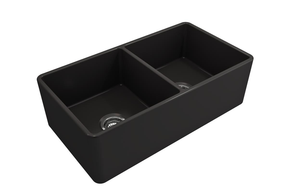 BOCCHI 1139-004-0120 Classico Farmhouse Apron Front Fireclay 33 in. Double Bowl Kitchen Sink with Protective Bottom Grids and Strainers in Matte Black