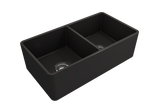 BOCCHI 1139-004-0120 Classico Farmhouse Apron Front Fireclay 33 in. Double Bowl Kitchen Sink with Protective Bottom Grids and Strainers in Matte Black