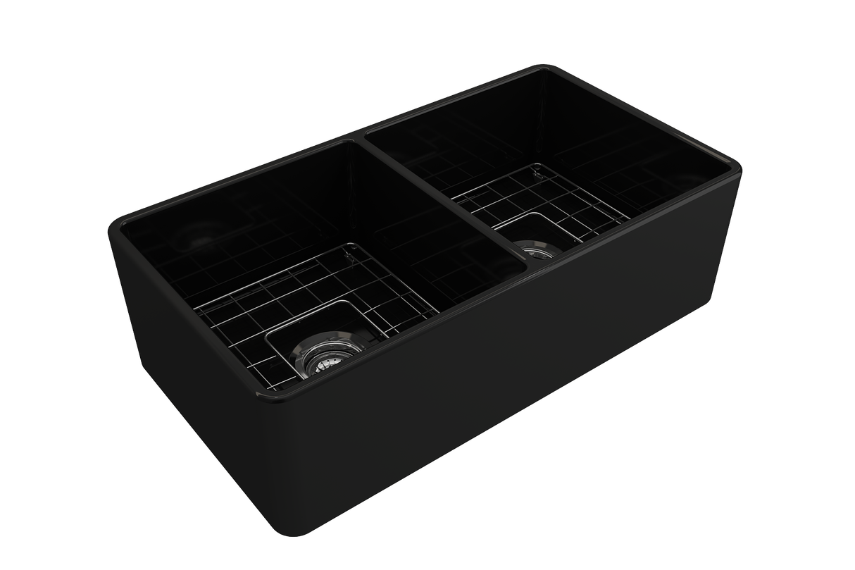 BOCCHI 1139-004-0120 Classico Farmhouse Apron Front Fireclay 33 in. Double Bowl Kitchen Sink with Protective Bottom Grids and Strainers in Matte Black